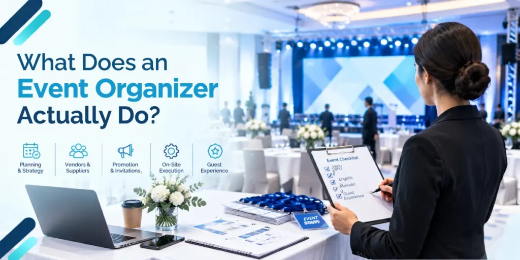 Event organizer reviewing an event checklist in a decorated banquet hall with stage lighting, covering planning, vendors, promotion, on-site execution, and guest experience